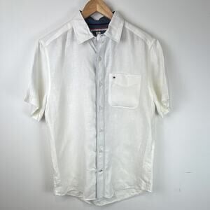 Tommy Hilfiger Men’s white linen custom fit short sleeve button-up. Size S.